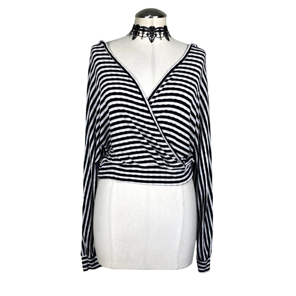 Vtg Y2k Charlotte Russe Stripe Dolman Sleeve Faux Wrap Crop Hoodie Grunge Goth S